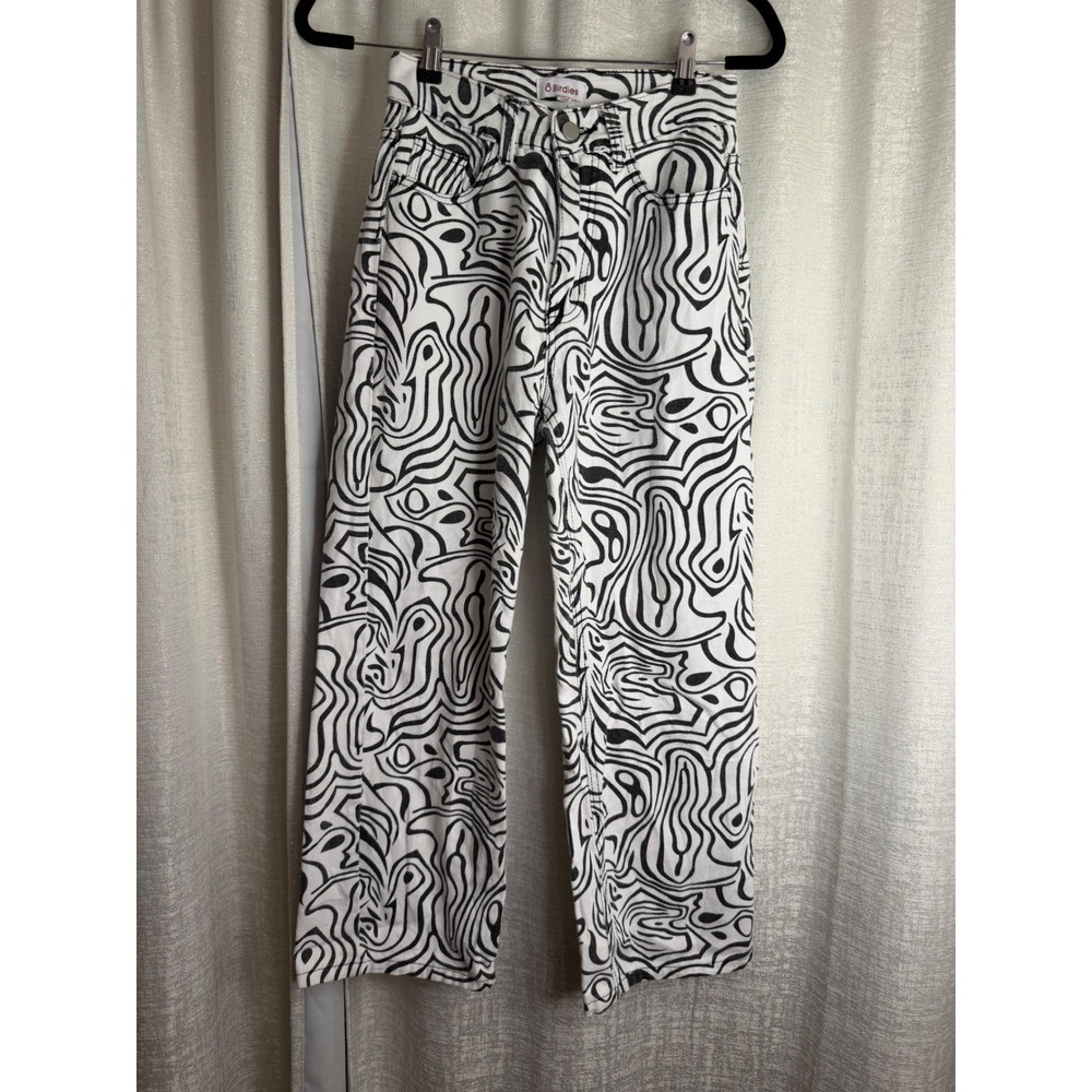 8 Birdies Women XS Black White Psychedelic Swirl Print High Waist Jeans Straight - Picture 3 of 7